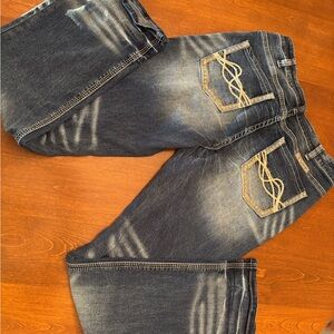 Cowgirl Tuff Blue Flare Jeans with Tan Stitching